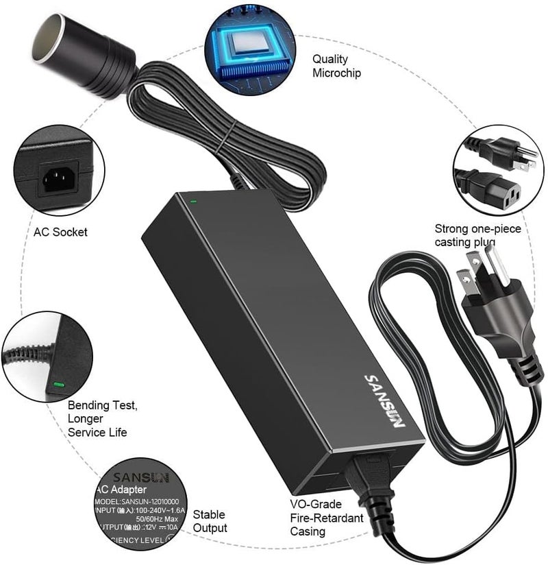 SANSU AC to DC Converter 10A Car Cigarette Lighter Socket, 120V to 12V Supply Adapter Transformer for Electric Air Pump, Car Fan and Other Devices Under 120W (10A) - Image 3